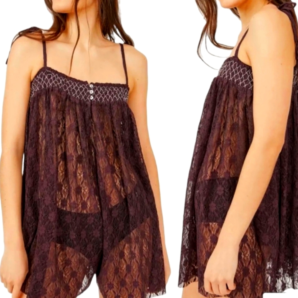 Free People Intimately Rule The World Lace Romper in Plum Jam Size S NWT